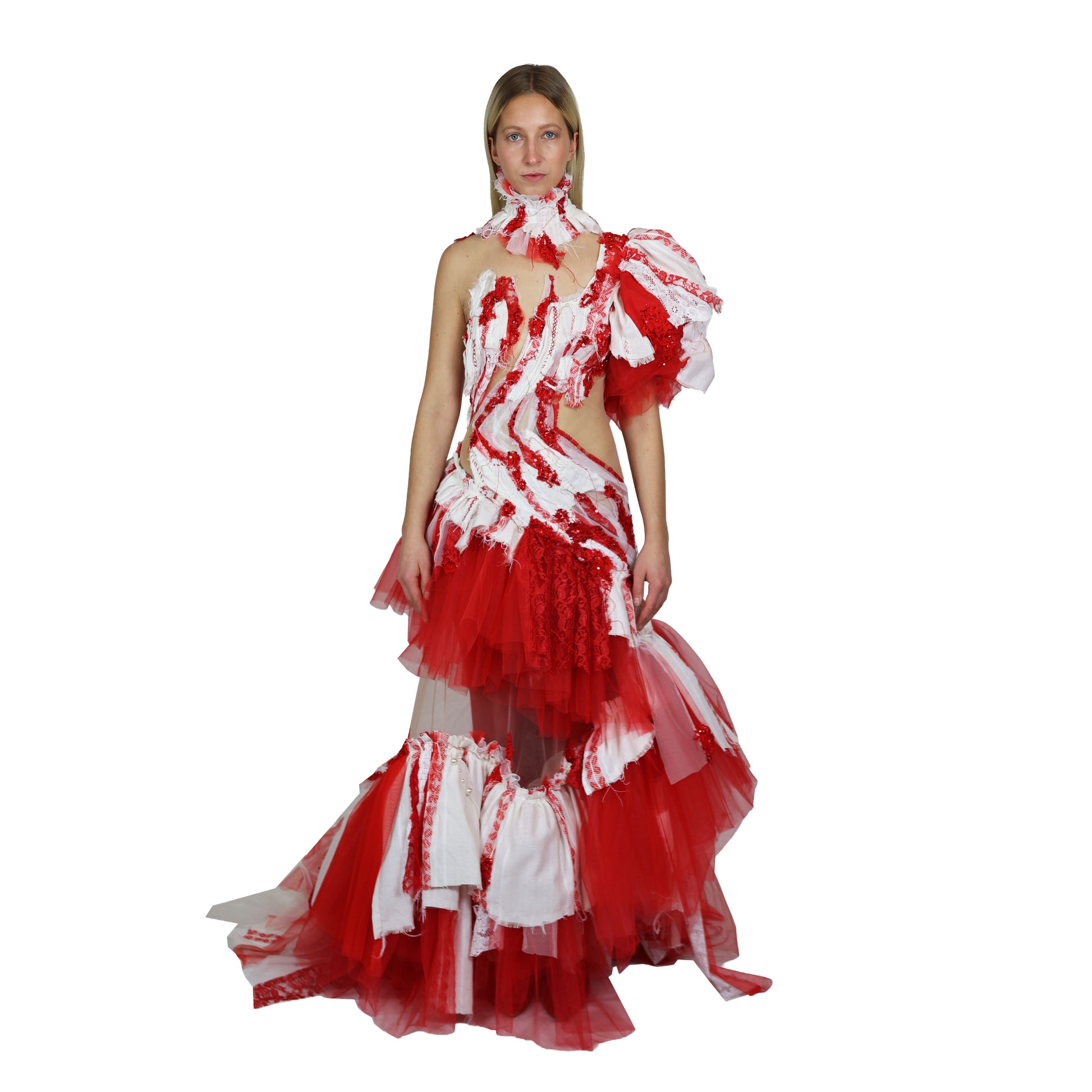 Red and white dress with ruffled layers 