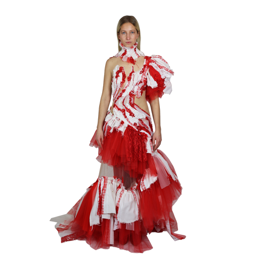 Red and white dress with ruffled layers 