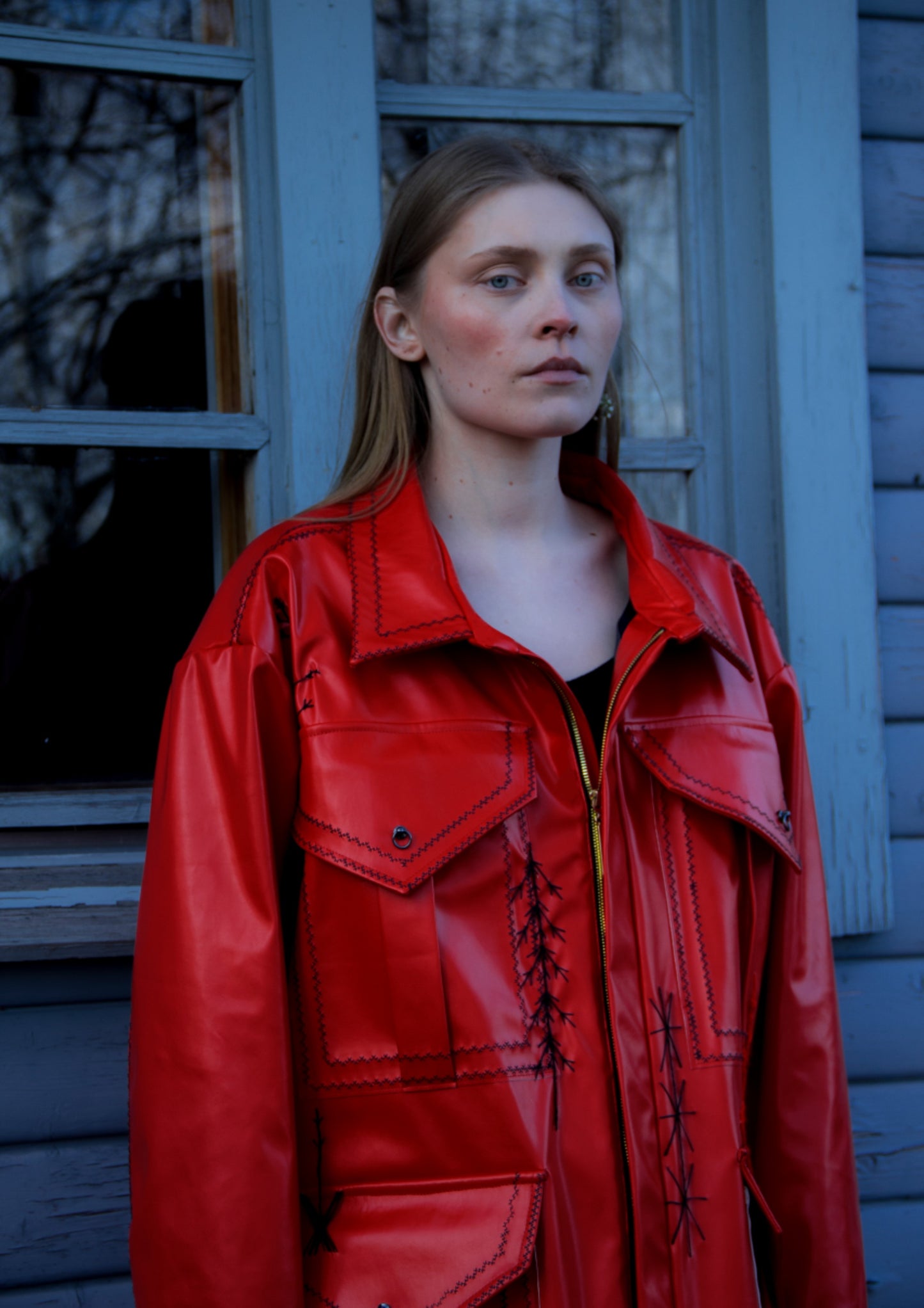 The Finnish National Romance Museum creates ready to wear pieces inspired by Finnish nature, history and culture. The FNRM SAVOTTA red vegan leather jacket