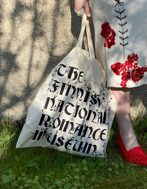 The Finnish National Romance Museum creates ready to wear pieces inspired by Finnish nature, history and culture. The FNRM large gift bag is 100% organic cotton.